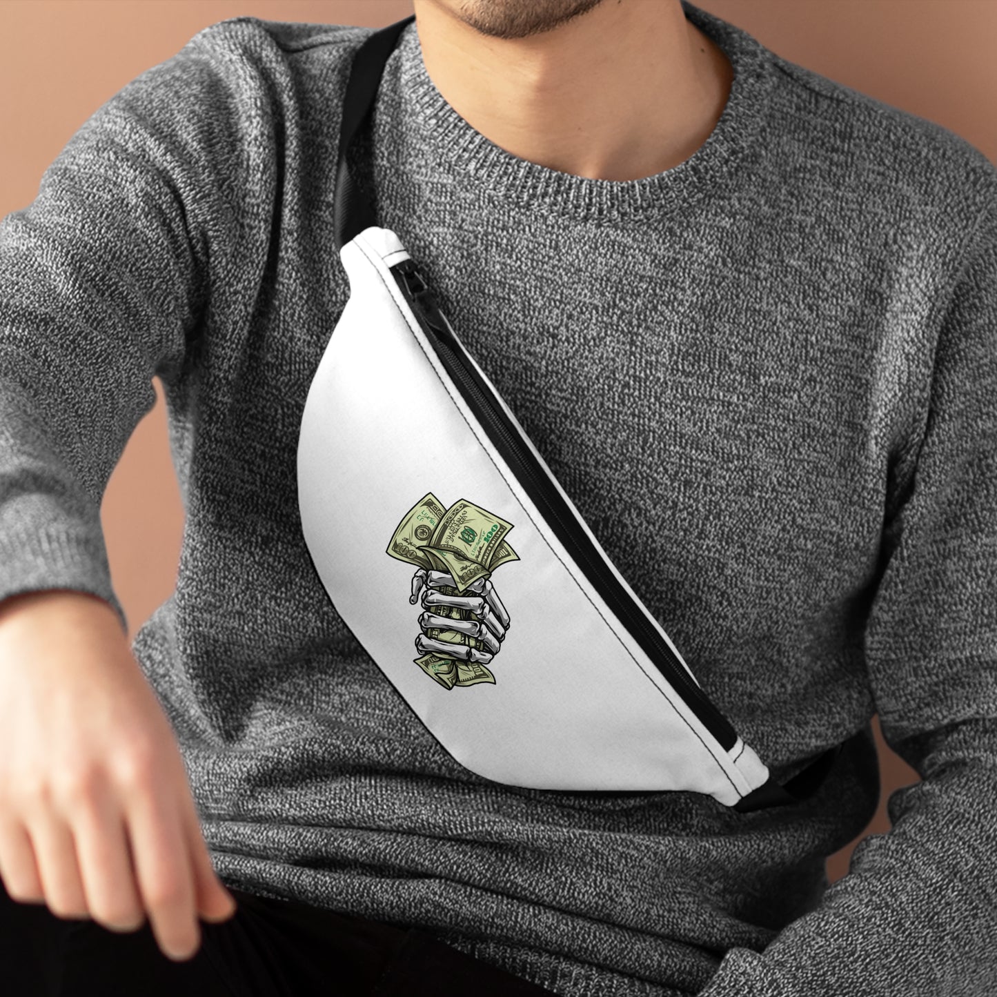 White Right Shoulder Fanny Pack Skeletal Hand Gripping Stack of 100's Printify