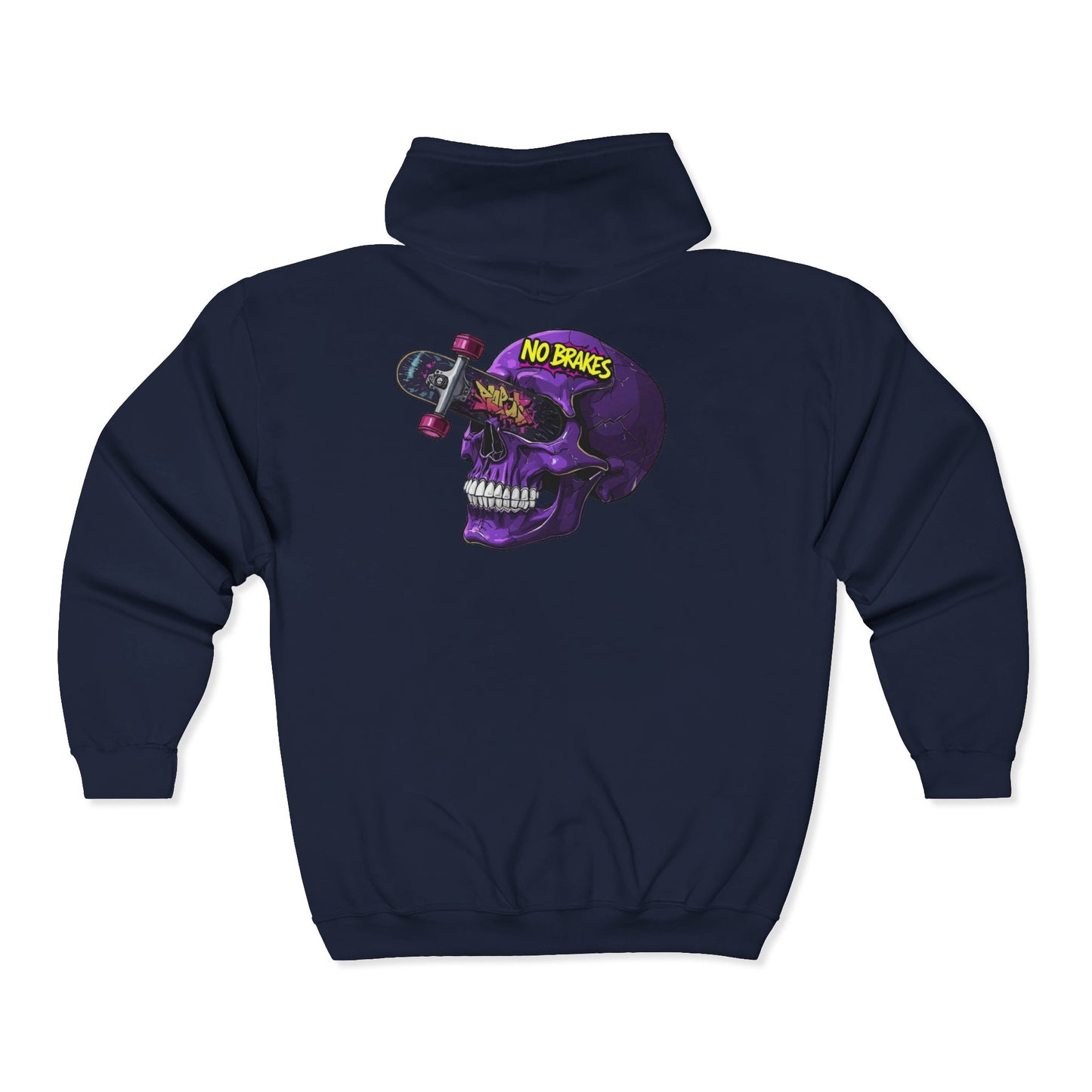 No Brakes Skull Skateboard Zip Hoodie — Retro Purple Skull Skate Zip-Up Printify