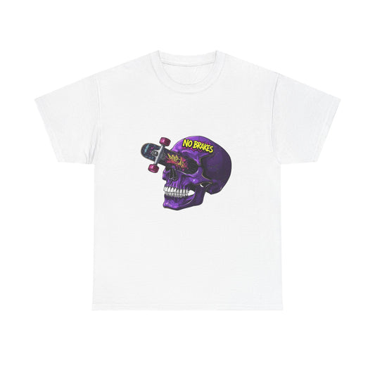 Skull Skateboard Graphic Tee — "No Brakes" Purple Skull Skate Shirt Printify
