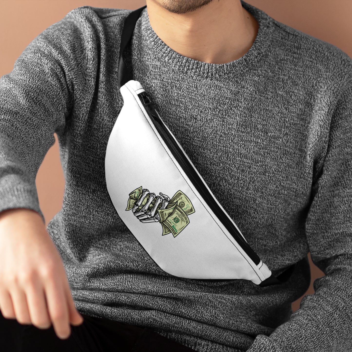 White Left Shoulder Fanny Pack Skeletal Hand Gripping Stack of 100's Printify