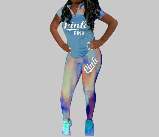 Pink Letter Print Color Block Short Sleeve Set