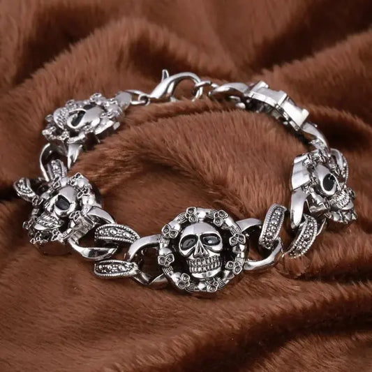 Men's Punk Metal Bracelet with Round Skull Charm