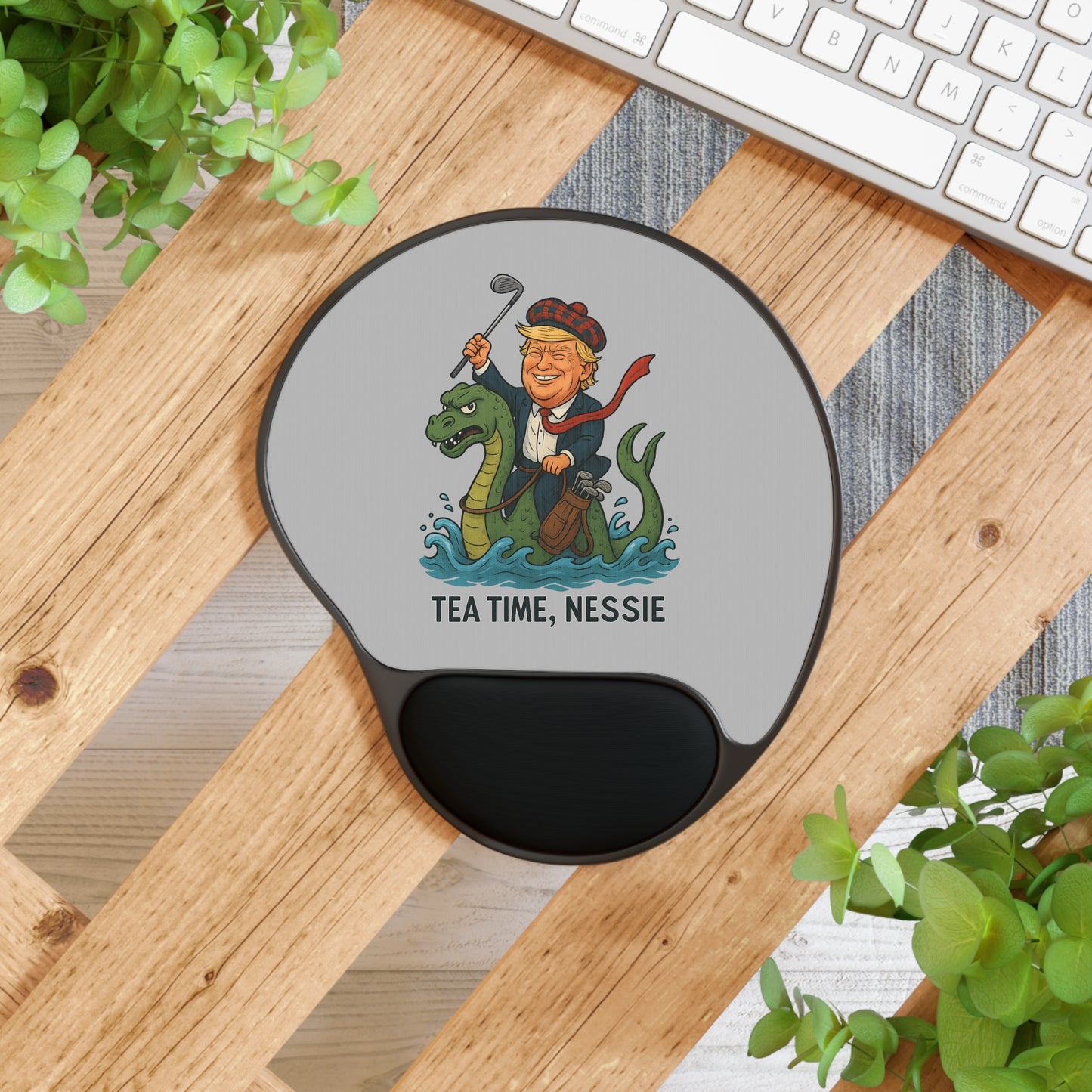 Whimsical Mouse Pad with Wrist Rest, Fun Desk Accessory, Tea Time Nessie Design, Gift for Office Workers, Unique Gamer Mousepad Printify