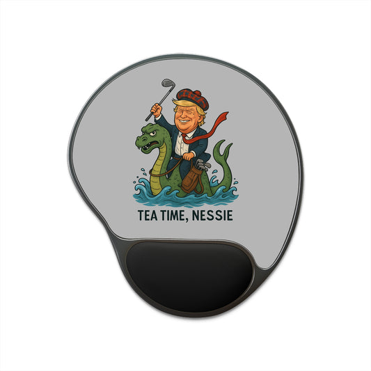 Whimsical Mouse Pad with Wrist Rest, Fun Desk Accessory, Tea Time Nessie Design, Gift for Office Workers, Unique Gamer Mousepad Printify