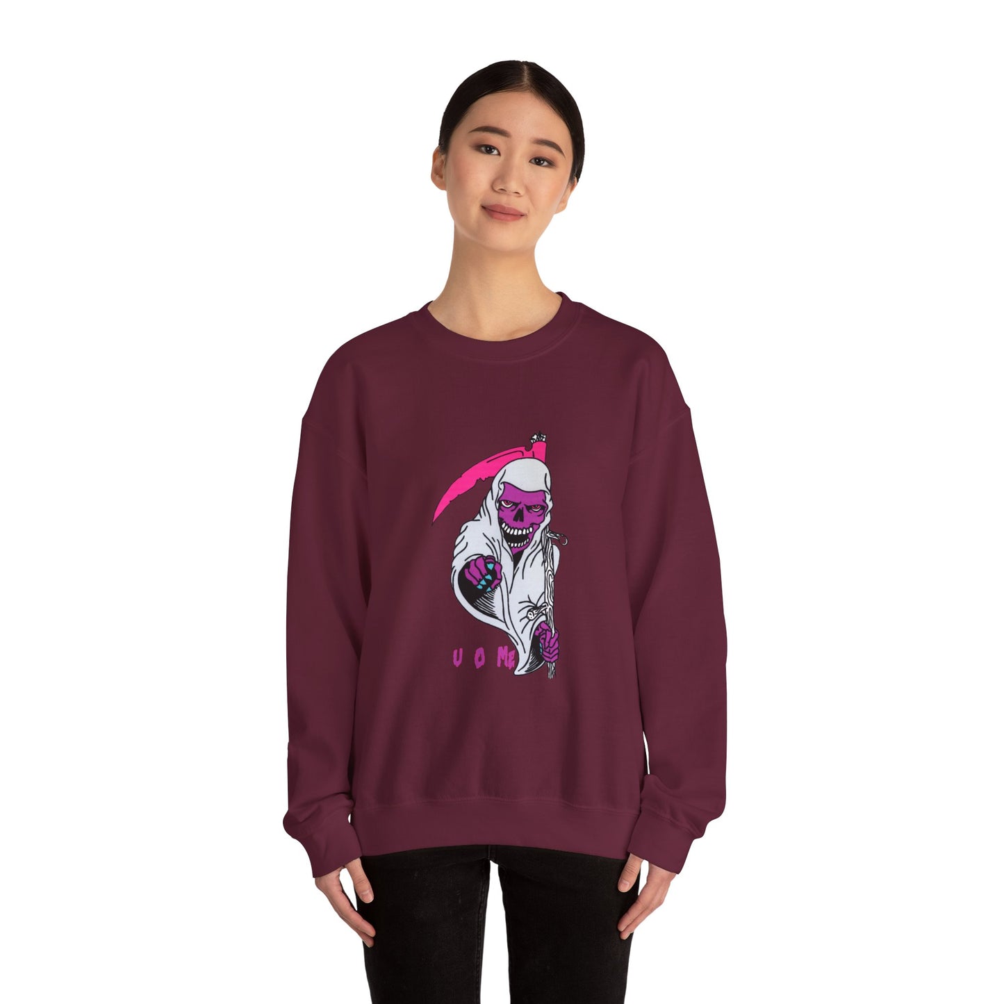 Grinning Reaper Crewneck Sweatshirt — Neon Pink Skull UOME Printify