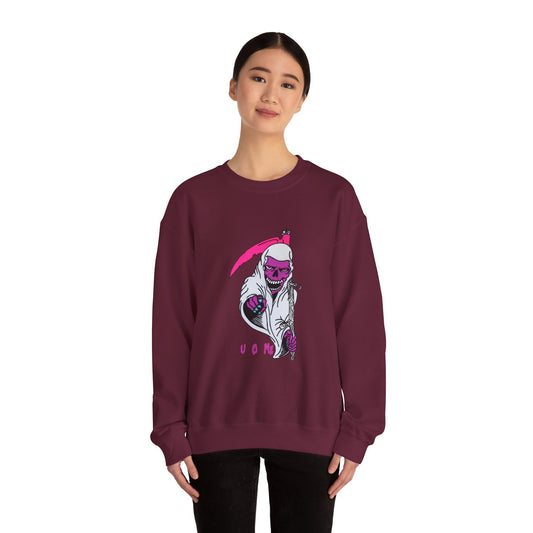 Grinning Reaper Crewneck Sweatshirt — Neon Pink Skull UOME Printify