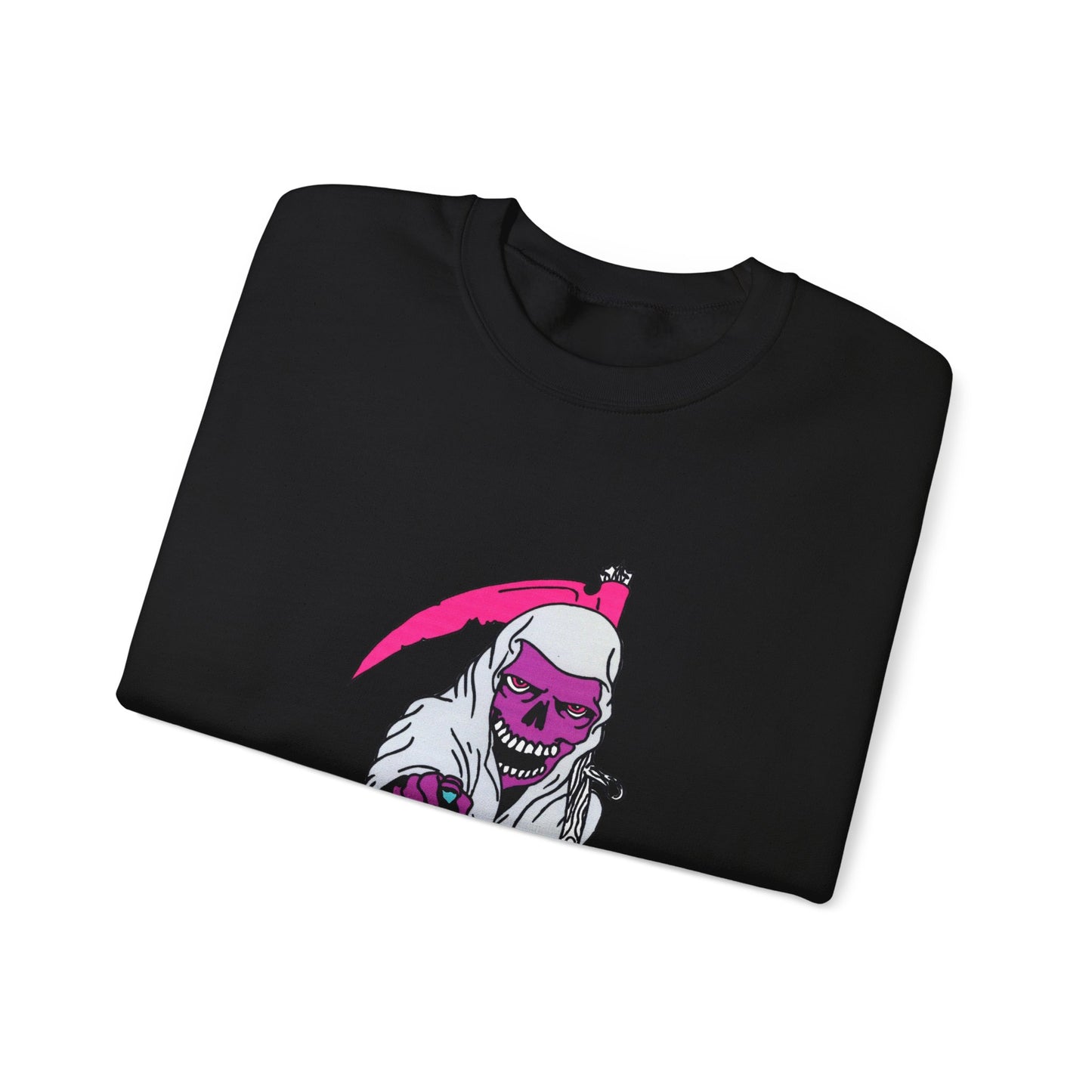 Grinning Reaper Crewneck Sweatshirt — Neon Pink Skull UOME Printify