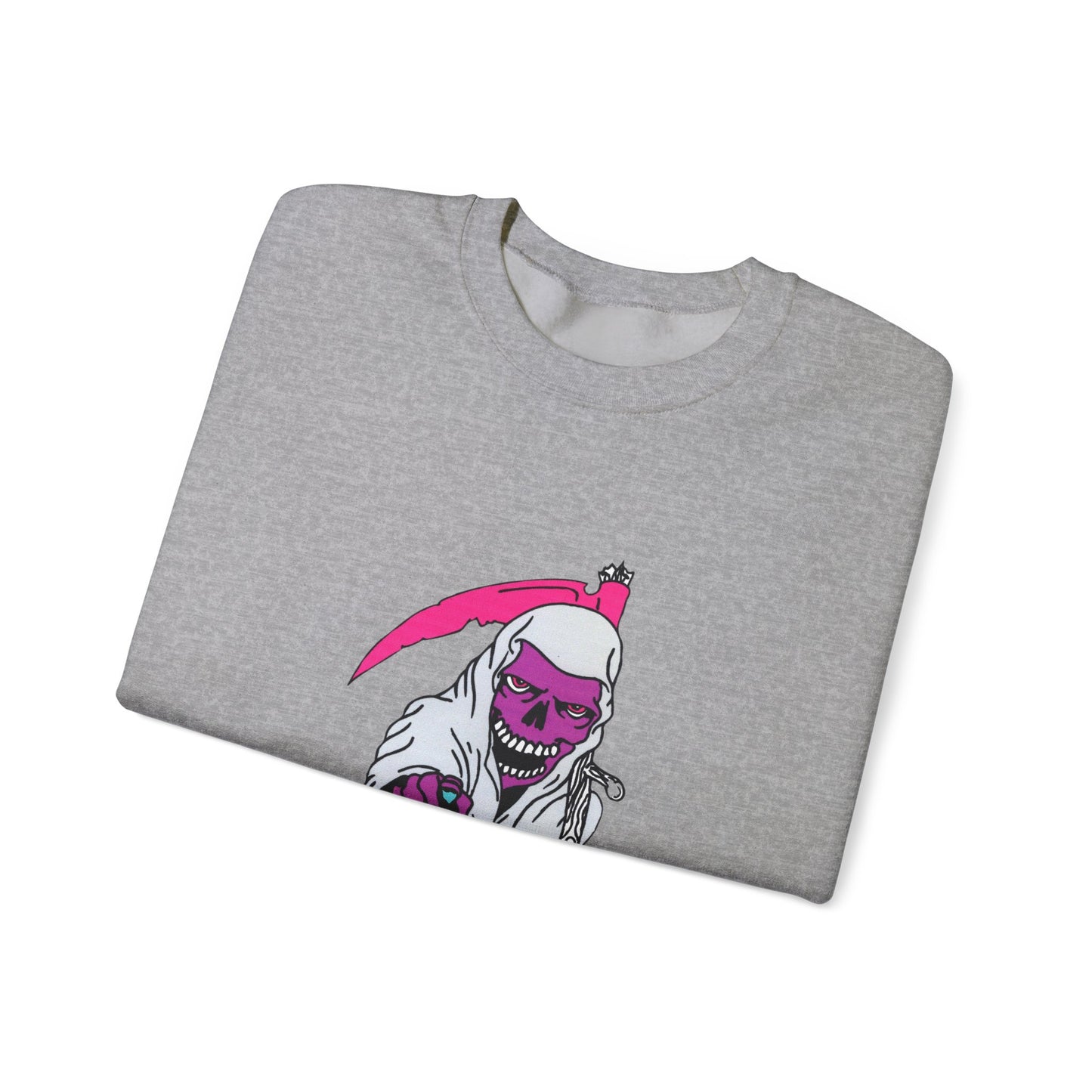 Grinning Reaper Crewneck Sweatshirt — Neon Pink Skull UOME Printify