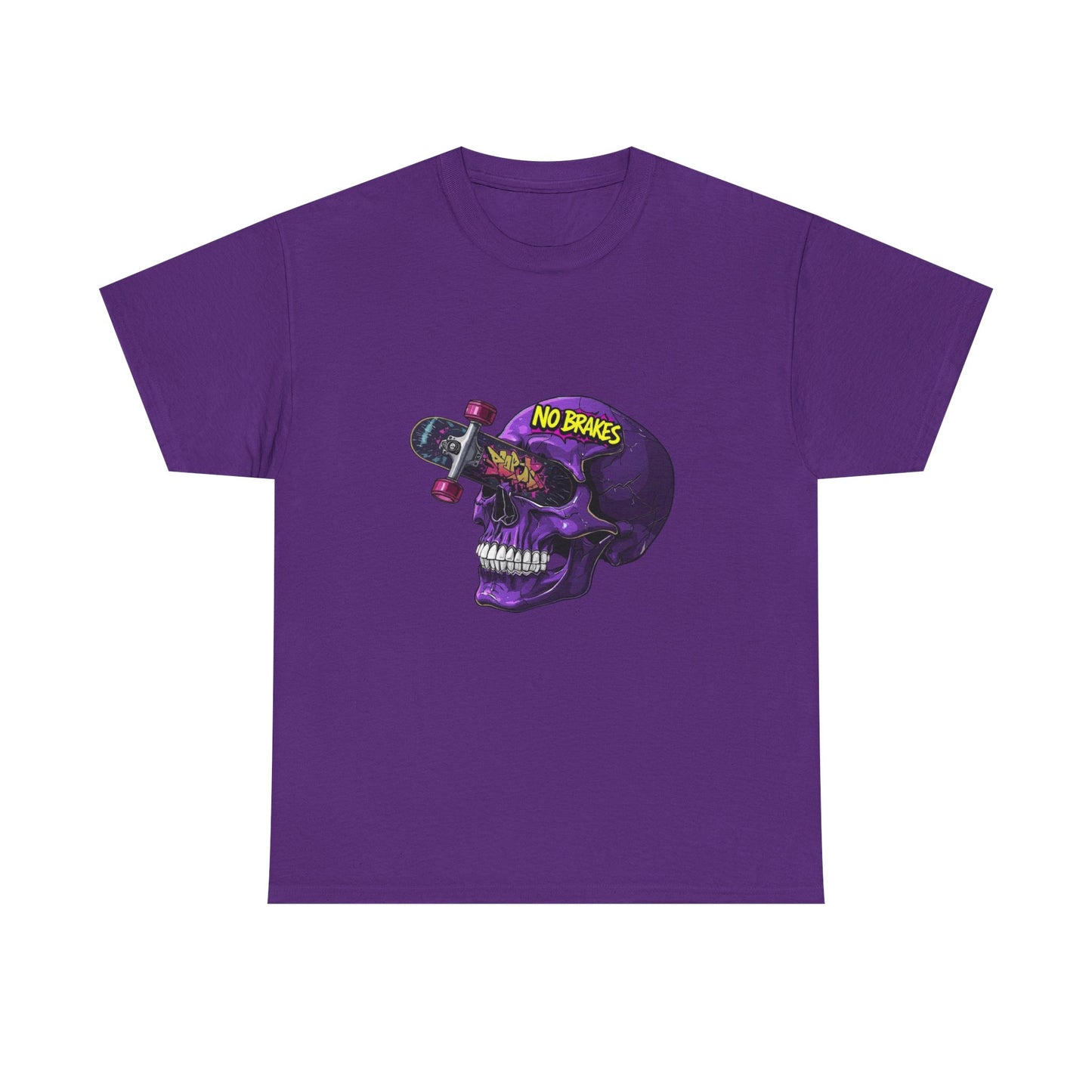 Skull Skateboard Graphic Tee — "No Brakes" Purple Skull Skate Shirt Printify