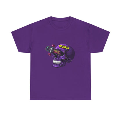 Skull Skateboard Graphic Tee — "No Brakes" Purple Skull Skate Shirt Printify