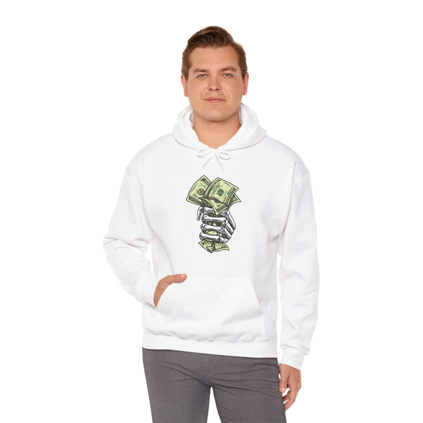 Custom Designed Heavy Blend™ Hooded Sweatshirt Skeletal Hand Gripping Stack of 100's front Printify