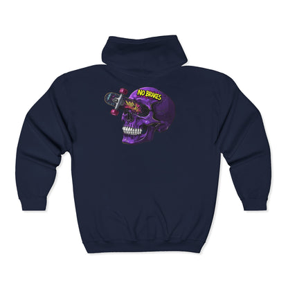 No Brakes Skull Skateboard Zip Hoodie — Retro Purple Skull Skate Zip-Up Printify