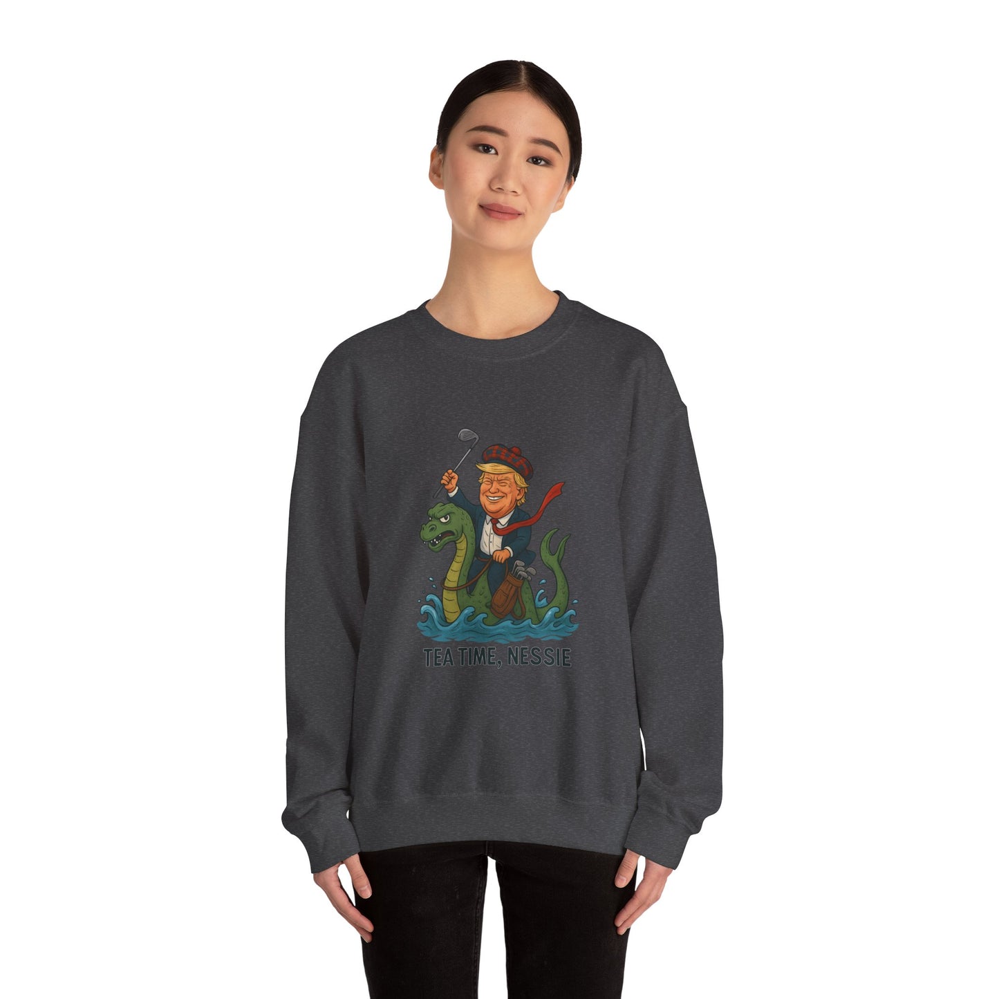 Funny Graphic Sweatshirt, Tea Time Nessie Crewneck, Gift for anyone, Quirky Lifestyle Apparel, Unisex Humor Clothing Printify