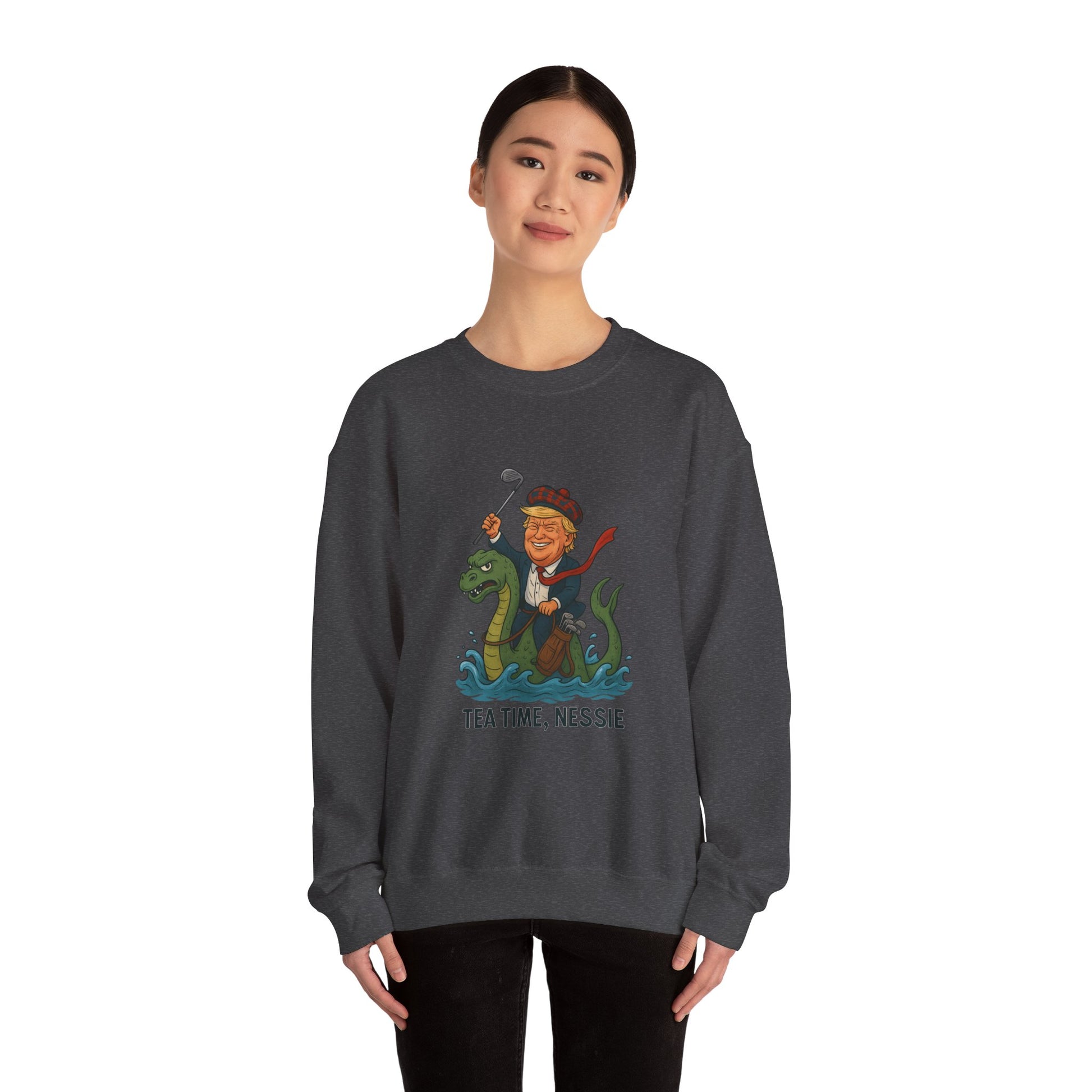 Funny Graphic Sweatshirt, Tea Time Nessie Crewneck, Gift for anyone, Quirky Lifestyle Apparel, Unisex Humor Clothing Printify