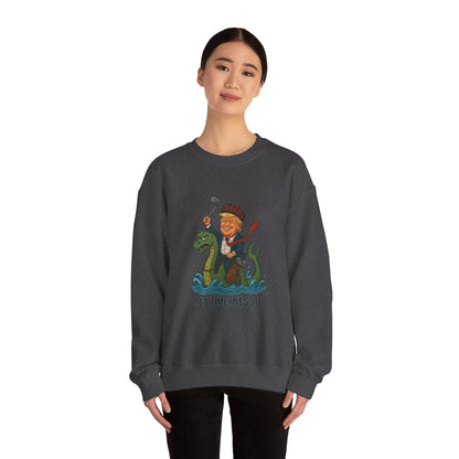 Funny Graphic Sweatshirt, Tea Time Nessie Crewneck, Gift for anyone, Quirky Lifestyle Apparel, Unisex Humor Clothing Printify