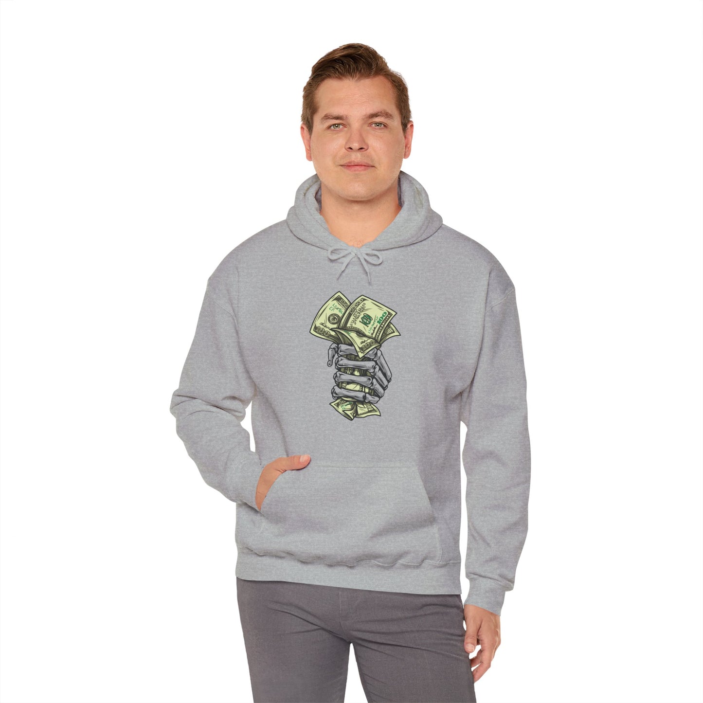 Custom Designed Heavy Blend™ Hooded Sweatshirt Skeletal Hand Gripping Stack of 100's front Printify