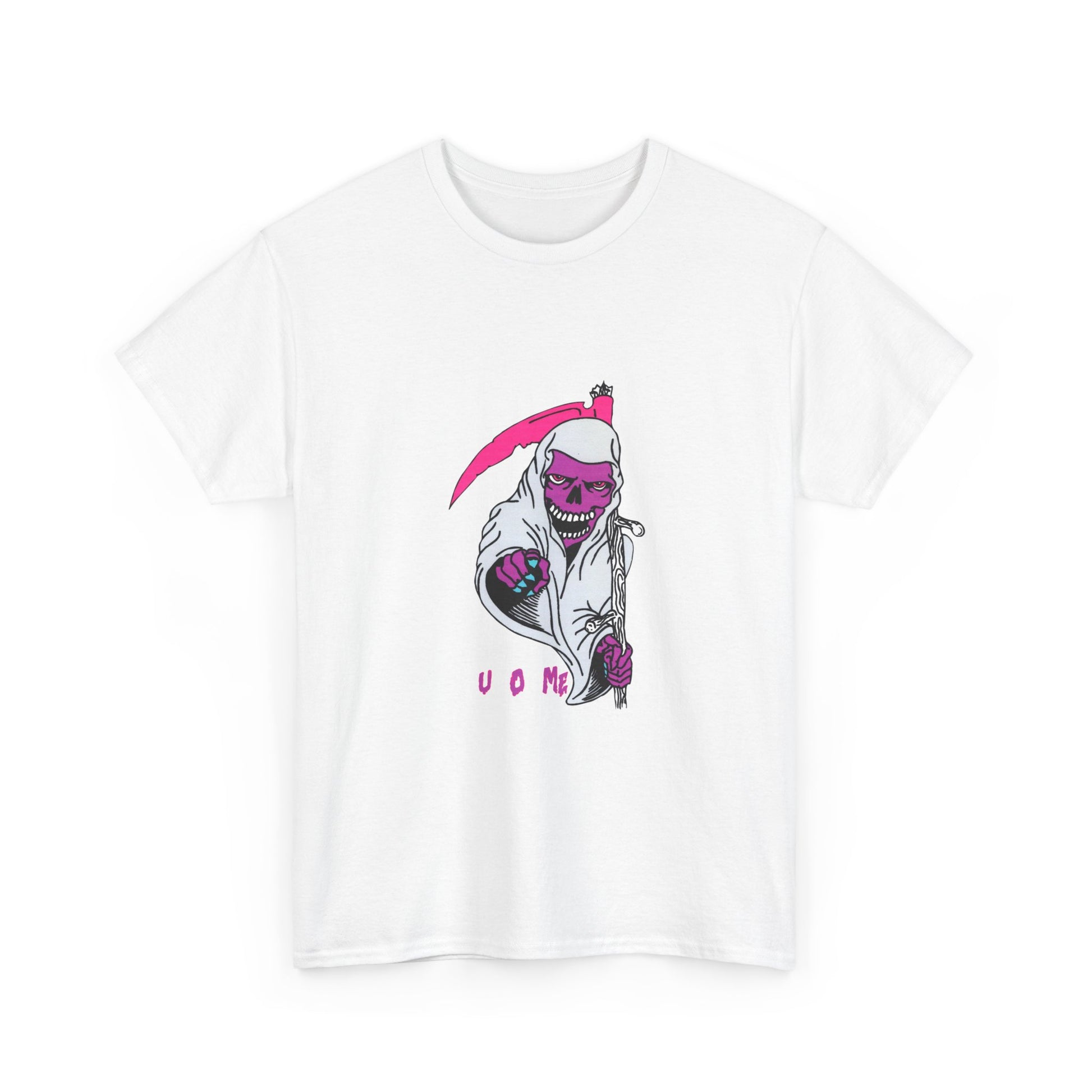 Grim Reaper Graphic Tee — Neon Pink Scythe Skeleton UOME T-Shirt Printify