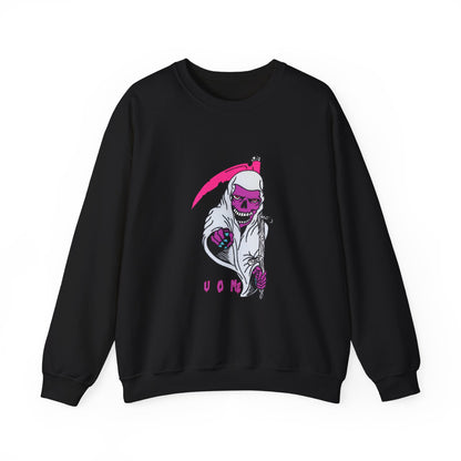 Grinning Reaper Crewneck Sweatshirt — Neon Pink Skull UOME Printify