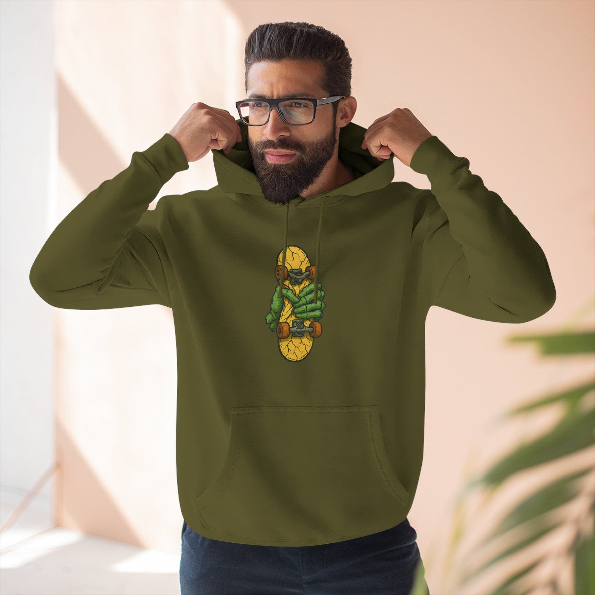 Vibrant Three-Panel Fleece Hoodie with Skateboard Design, Cozy Streetwear, Perfect for Gifts, Fall Style, Unisex Fashion Printify