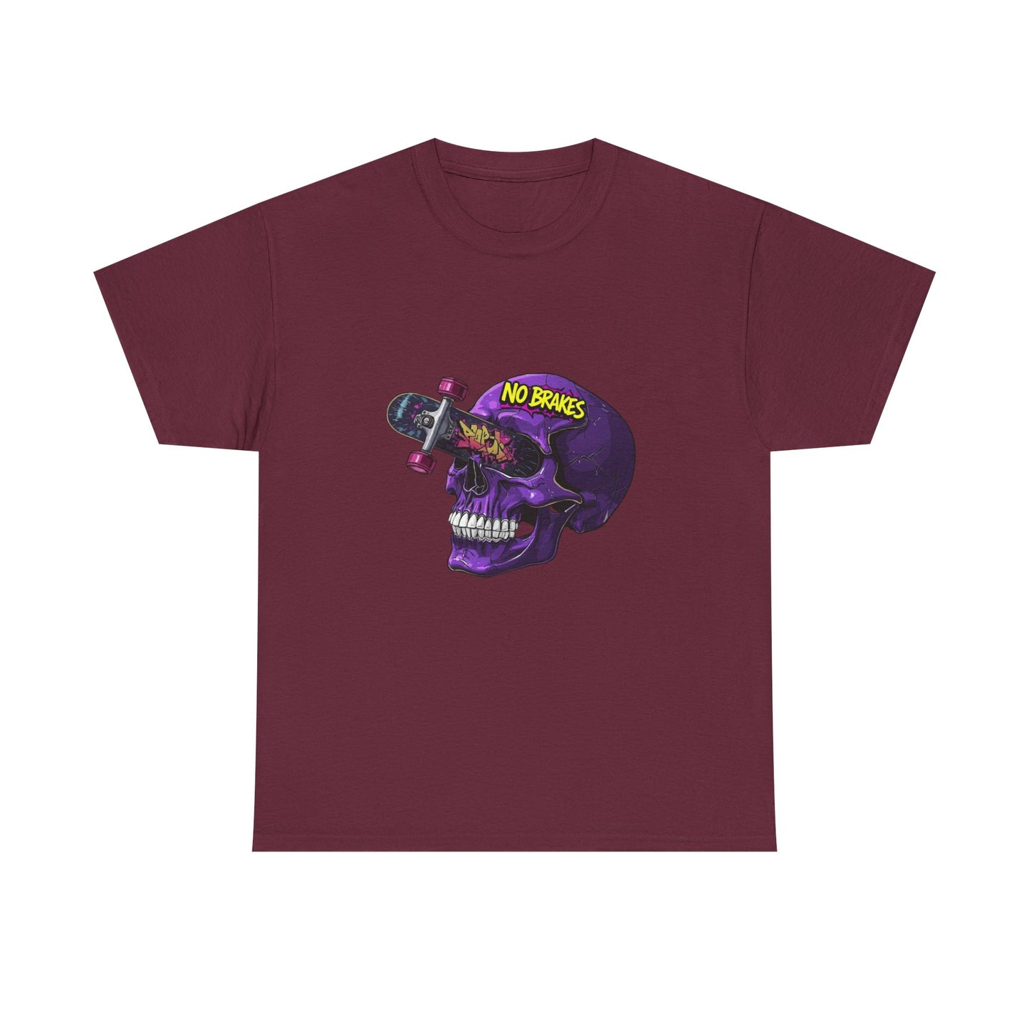 Skull Skateboard Graphic Tee — "No Brakes" Purple Skull Skate Shirt Printify