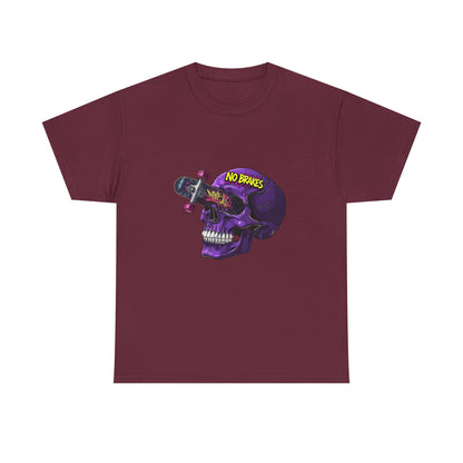 Skull Skateboard Graphic Tee — "No Brakes" Purple Skull Skate Shirt Printify