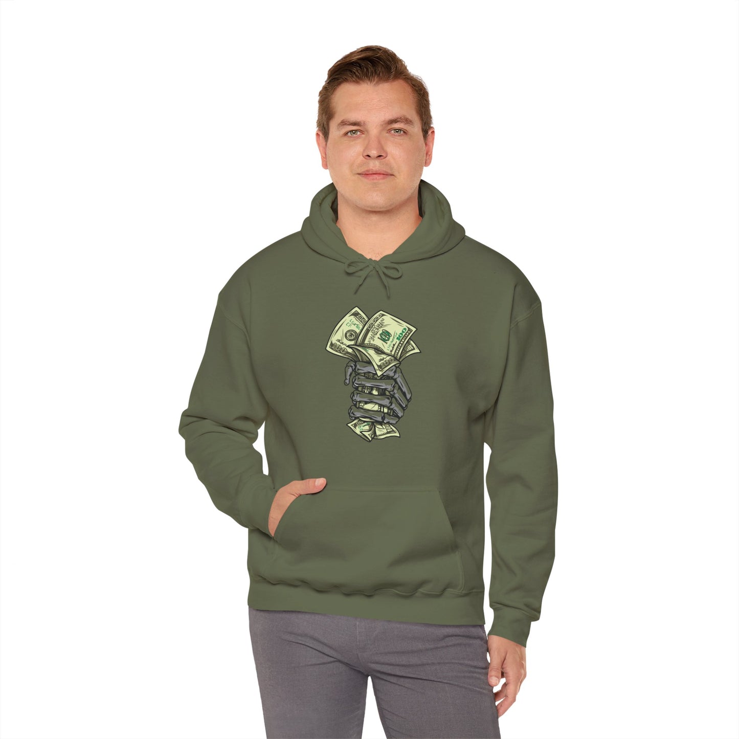 Custom Designed Heavy Blend™ Hooded Sweatshirt Skeletal Hand Gripping Stack of 100's front Printify