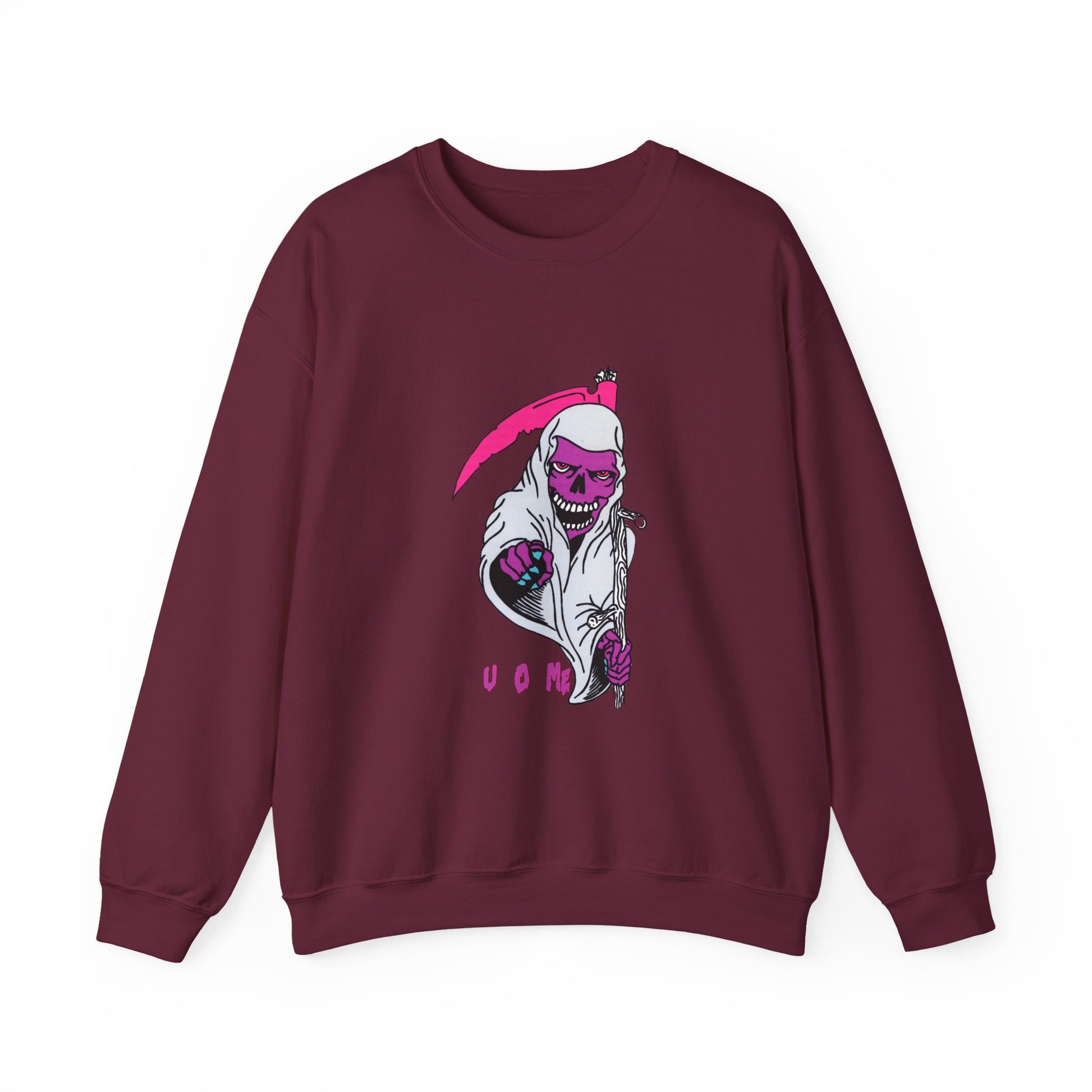 Grinning Reaper Crewneck Sweatshirt — Neon Pink Skull UOME Printify