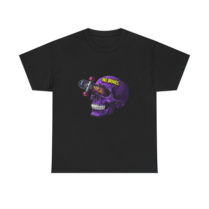 Skull Skateboard Graphic Tee — "No Brakes" Purple Skull Skate Shirt Printify
