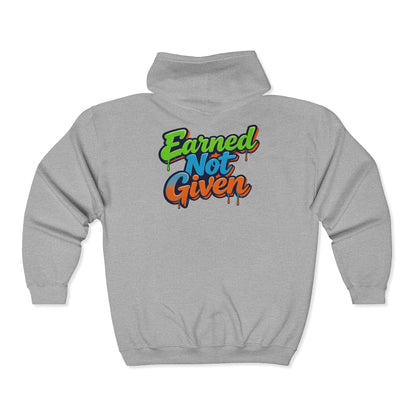 Earned Not Given Zip Hoodie — Motivational Full-Zip Hooded Sweatshirt Printify