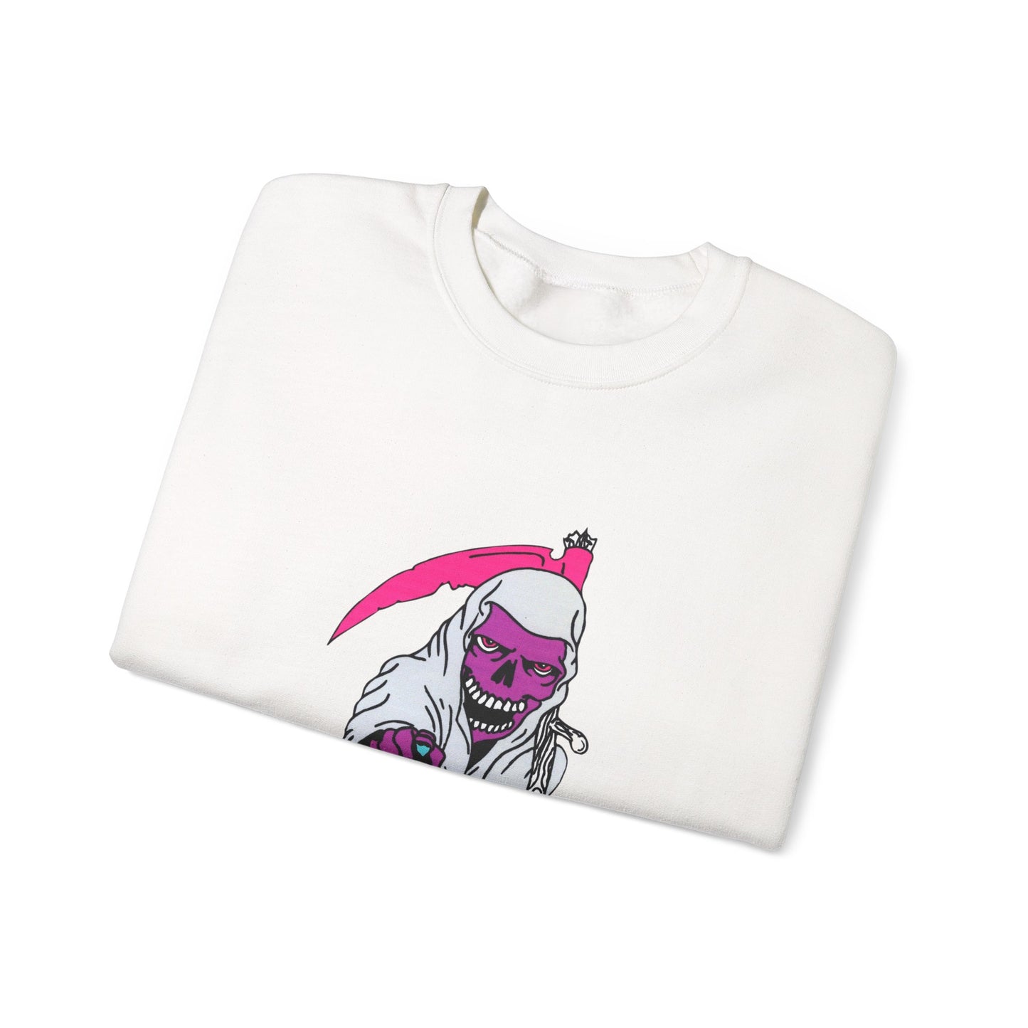 Grinning Reaper Crewneck Sweatshirt — Neon Pink Skull UOME Printify