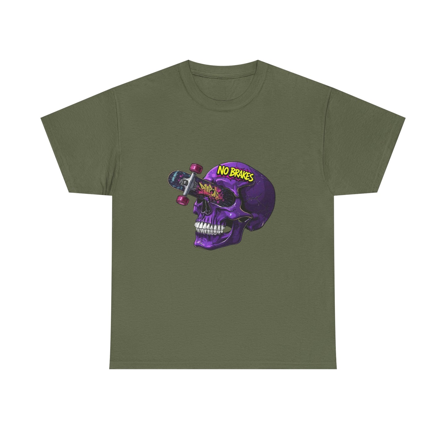 Skull Skateboard Graphic Tee — "No Brakes" Purple Skull Skate Shirt Printify