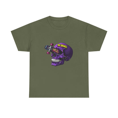 Skull Skateboard Graphic Tee — "No Brakes" Purple Skull Skate Shirt Printify