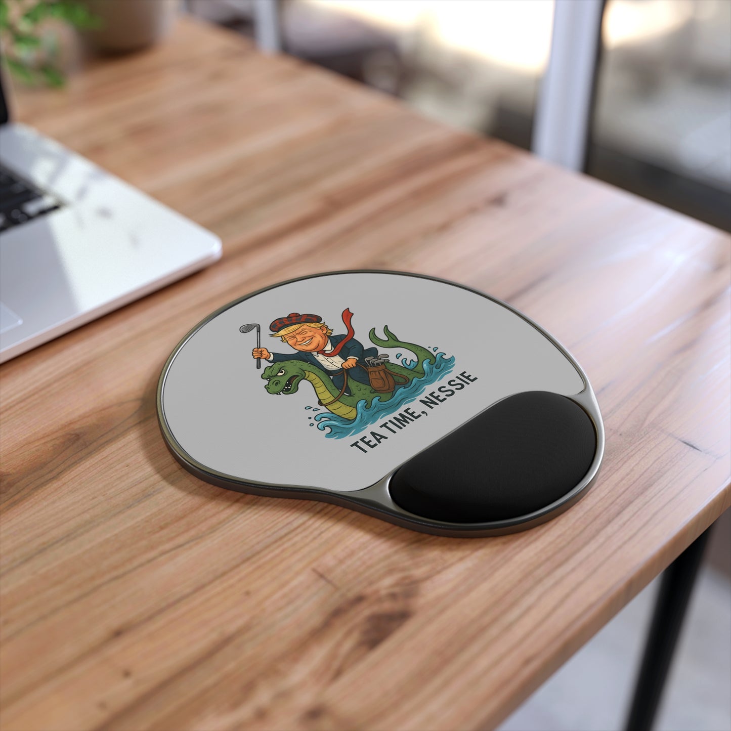 Whimsical Mouse Pad with Wrist Rest, Fun Desk Accessory, Tea Time Nessie Design, Gift for Office Workers, Unique Gamer Mousepad Printify