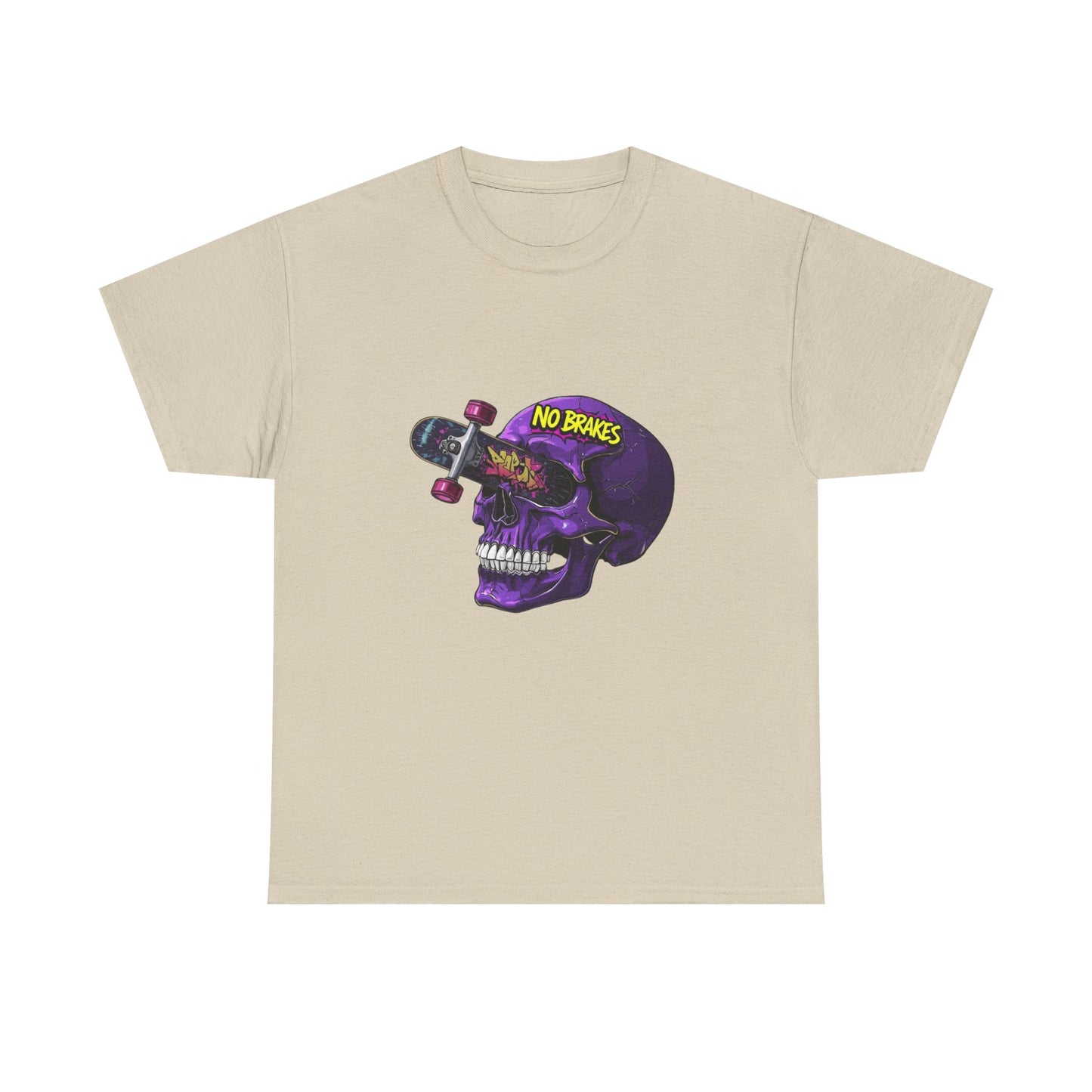 Skull Skateboard Graphic Tee — "No Brakes" Purple Skull Skate Shirt Printify