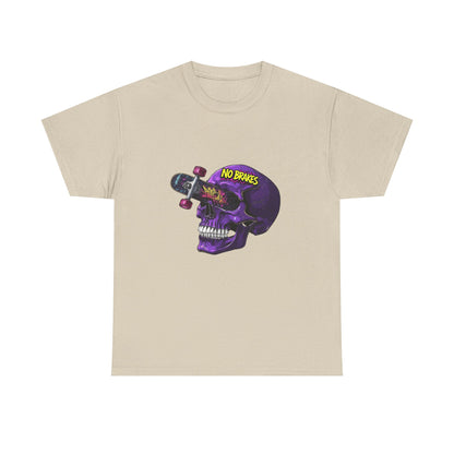 Skull Skateboard Graphic Tee — "No Brakes" Purple Skull Skate Shirt Printify