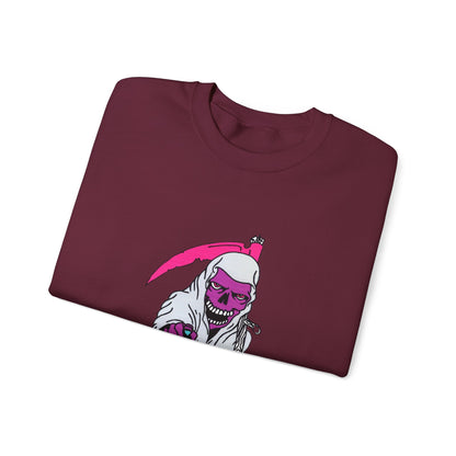 Grinning Reaper Crewneck Sweatshirt — Neon Pink Skull UOME Printify