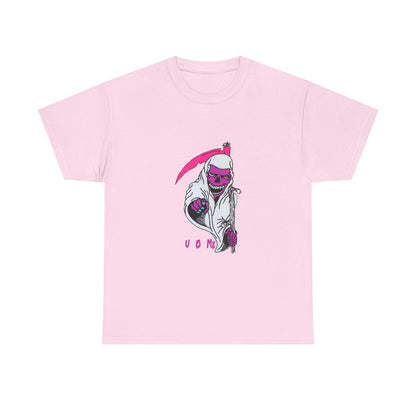 Grim Reaper Graphic Tee — Neon Pink Scythe Skeleton UOME T-Shirt Printify