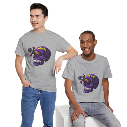 Skull Skateboard Graphic Tee — "No Brakes" Purple Skull Skate Shirt Printify