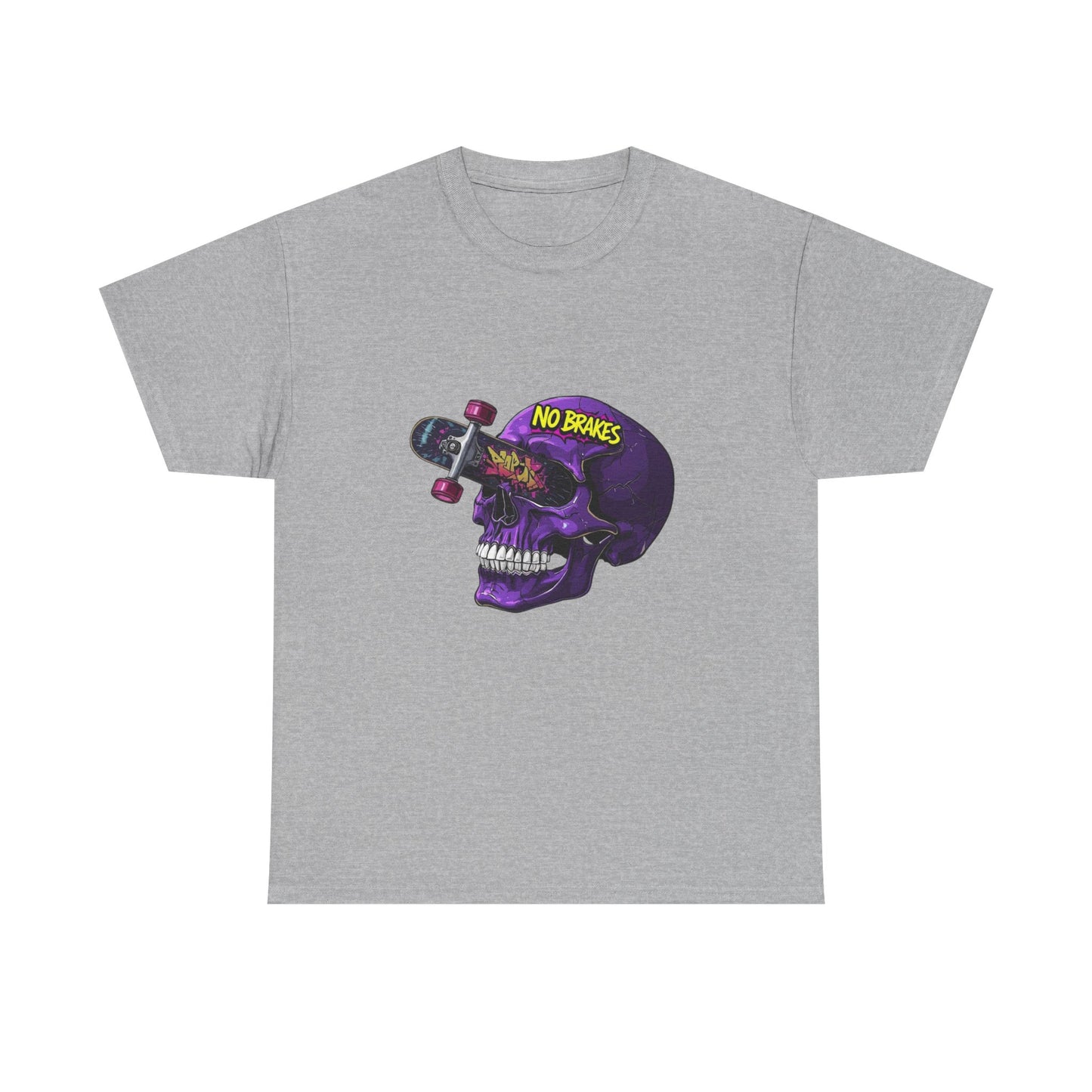 Skull Skateboard Graphic Tee — "No Brakes" Purple Skull Skate Shirt Printify