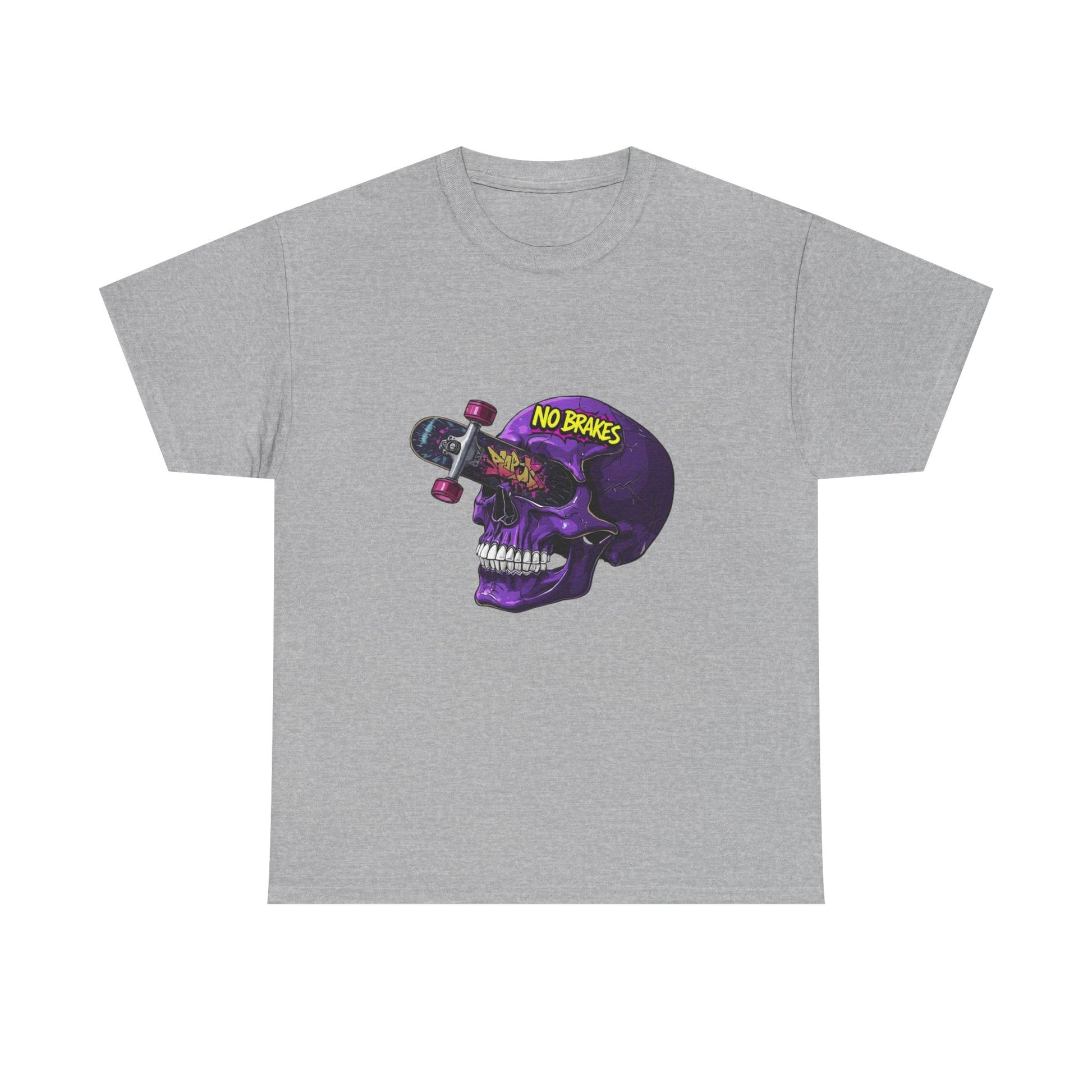 Skull Skateboard Graphic Tee — "No Brakes" Purple Skull Skate Shirt Printify
