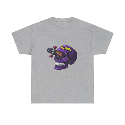 Skull Skateboard Graphic Tee — "No Brakes" Purple Skull Skate Shirt Printify