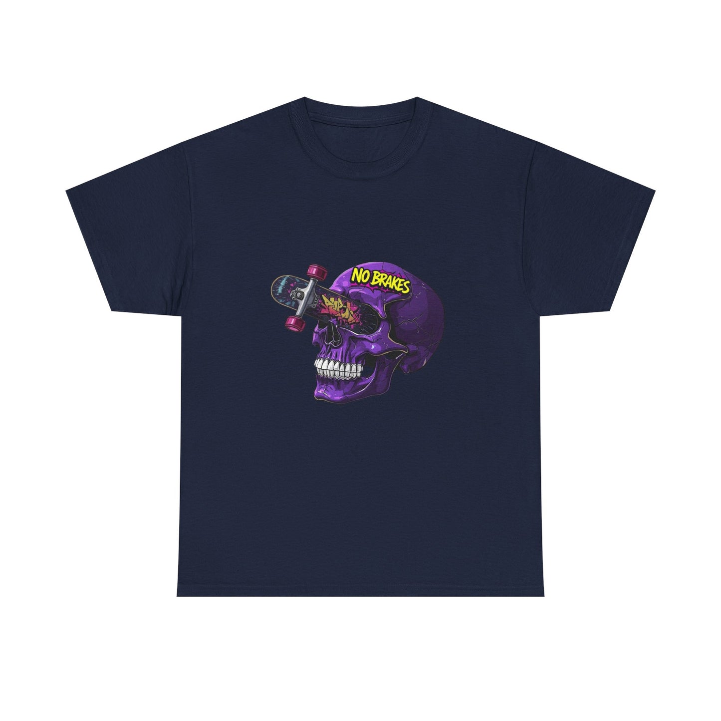 Skull Skateboard Graphic Tee — "No Brakes" Purple Skull Skate Shirt Printify