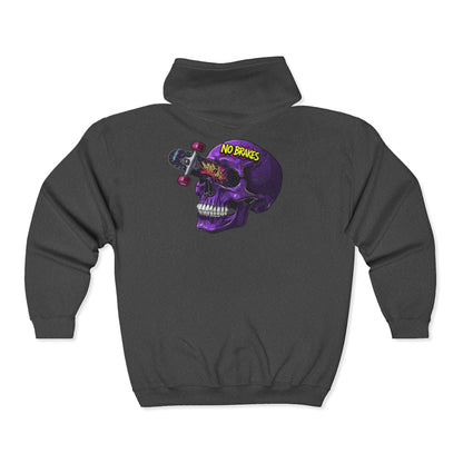 No Brakes Skull Skateboard Zip Hoodie — Retro Purple Skull Skate Zip-Up Printify