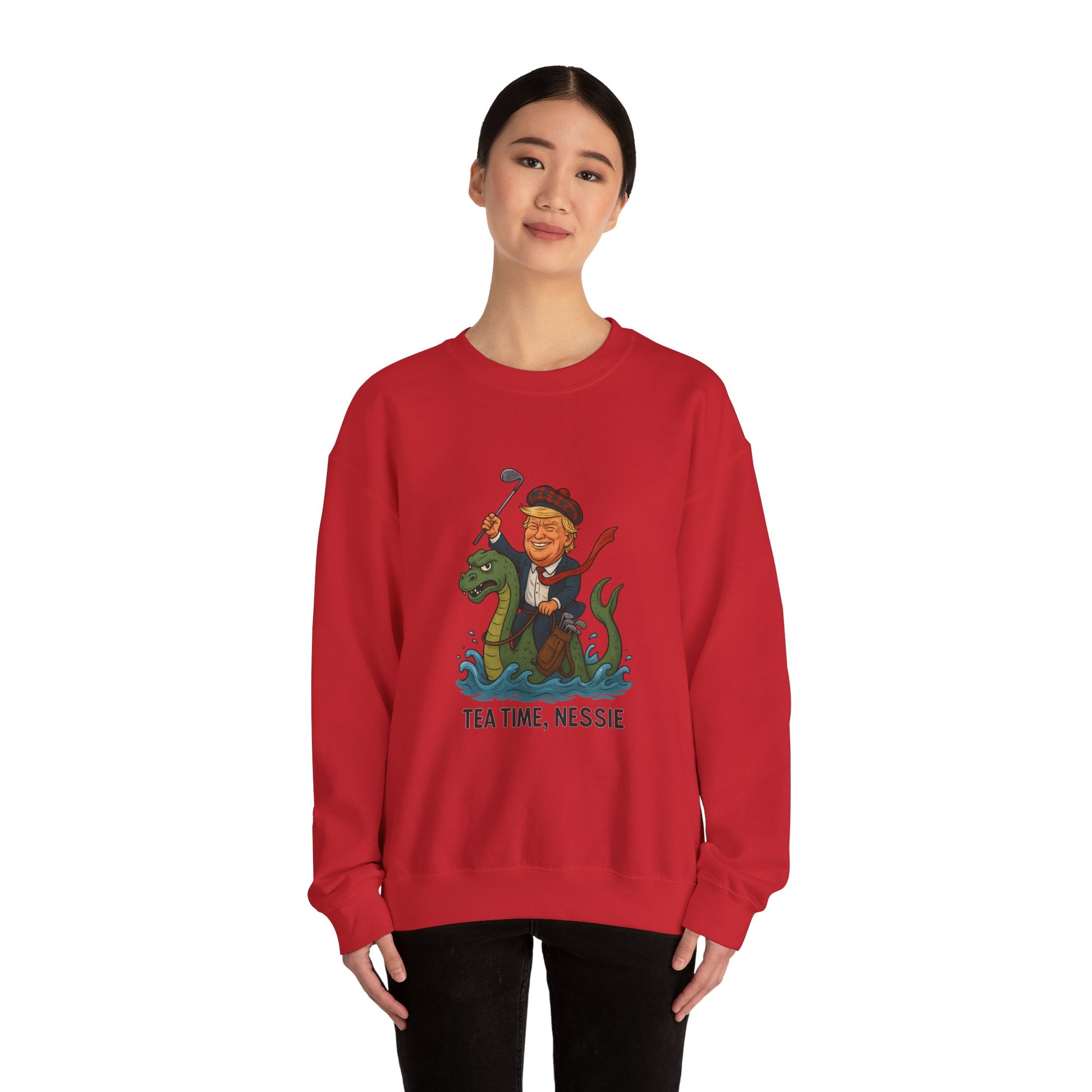 Funny Graphic Sweatshirt, Tea Time Nessie Crewneck, Gift for anyone, Quirky Lifestyle Apparel, Unisex Humor Clothing Printify