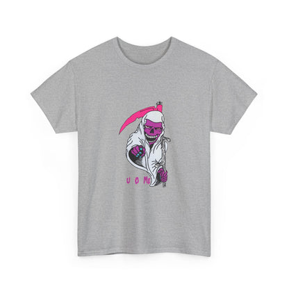 Grim Reaper Graphic Tee — Neon Pink Scythe Skeleton UOME T-Shirt Printify