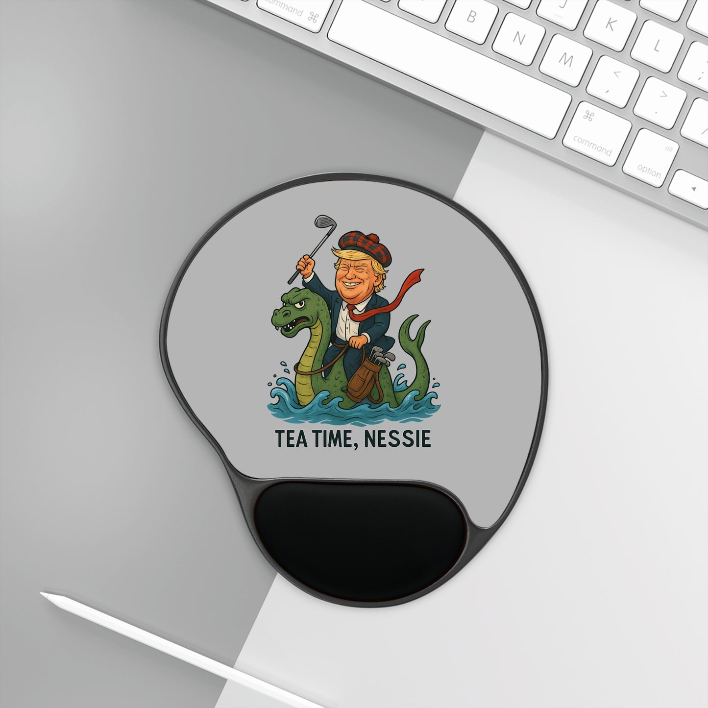 Whimsical Mouse Pad with Wrist Rest, Fun Desk Accessory, Tea Time Nessie Design, Gift for Office Workers, Unique Gamer Mousepad Printify