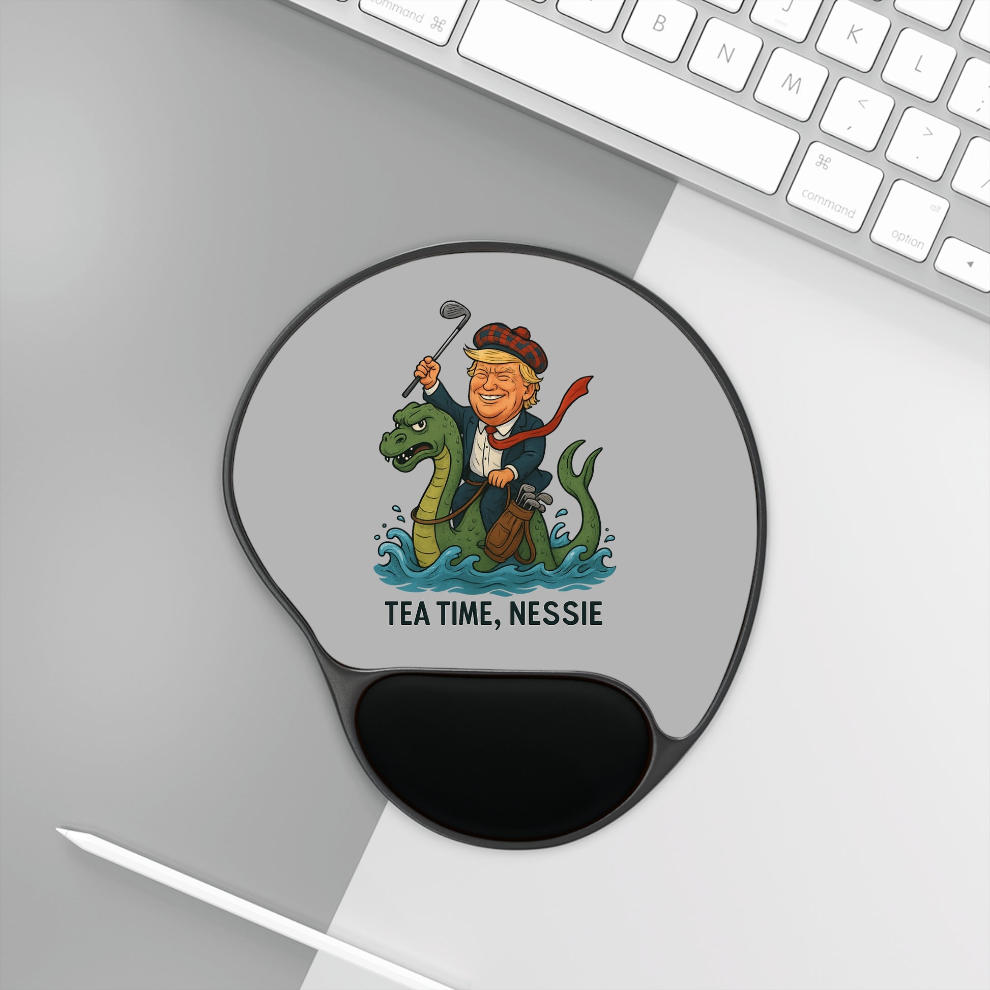 Whimsical Mouse Pad with Wrist Rest, Fun Desk Accessory, Tea Time Nessie Design, Gift for Office Workers, Unique Gamer Mousepad Printify