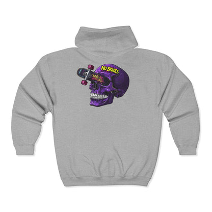 No Brakes Skull Skateboard Zip Hoodie — Retro Purple Skull Skate Zip-Up Printify