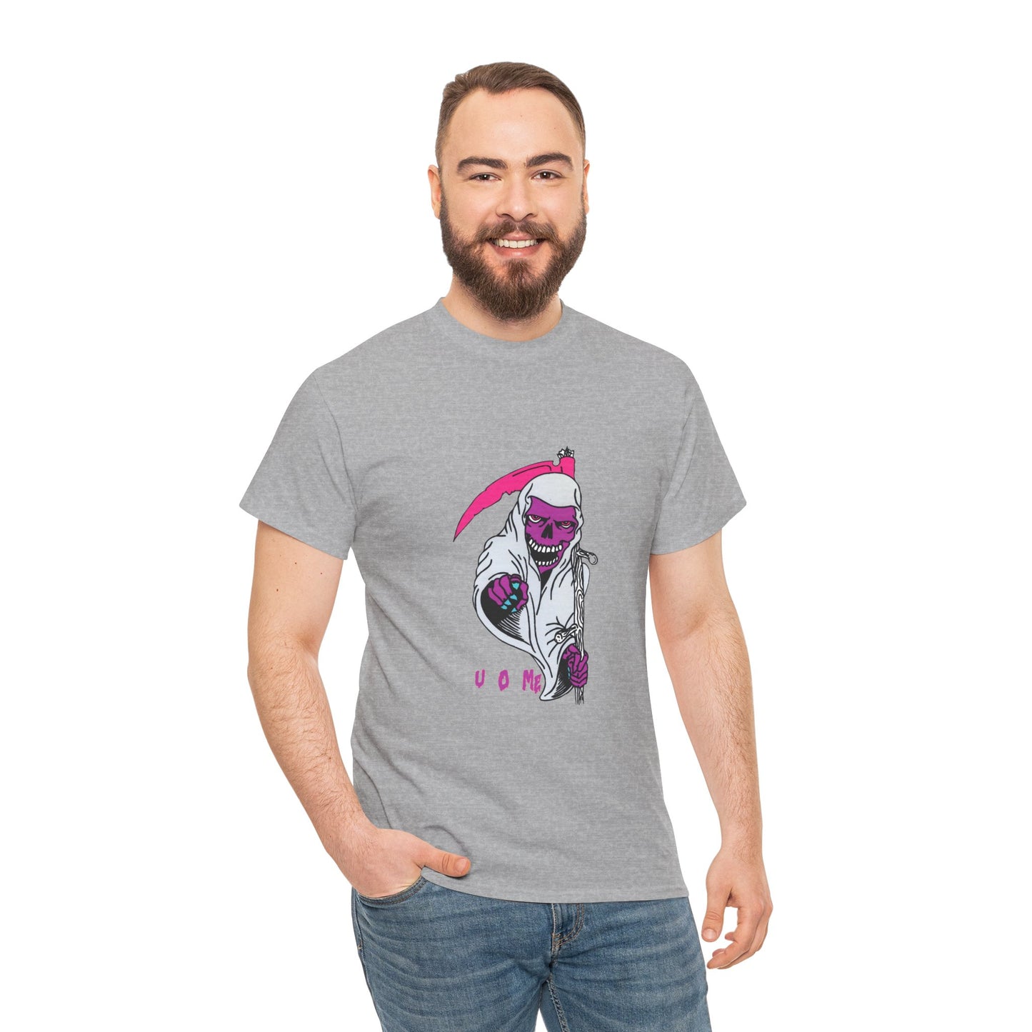 Grim Reaper Graphic Tee — Neon Pink Scythe Skeleton UOME T-Shirt Printify