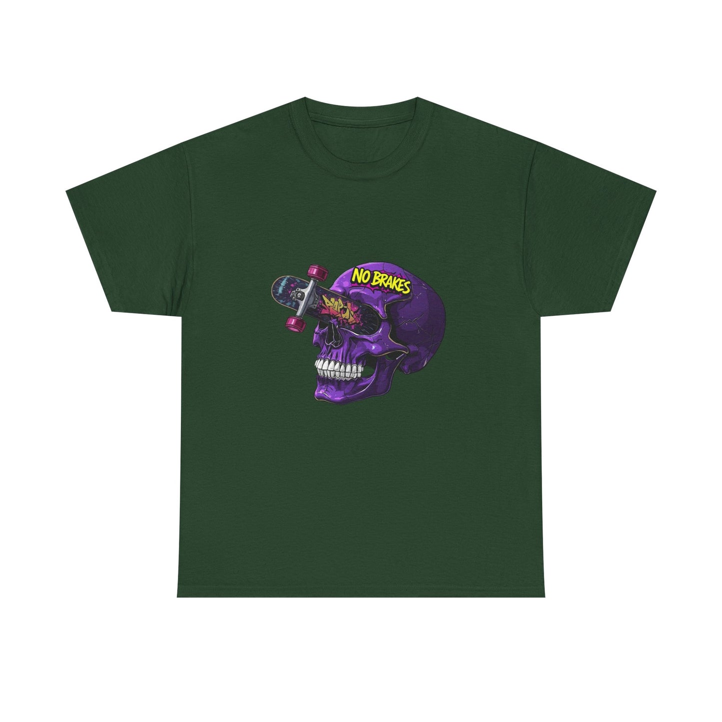 Skull Skateboard Graphic Tee — "No Brakes" Purple Skull Skate Shirt Printify